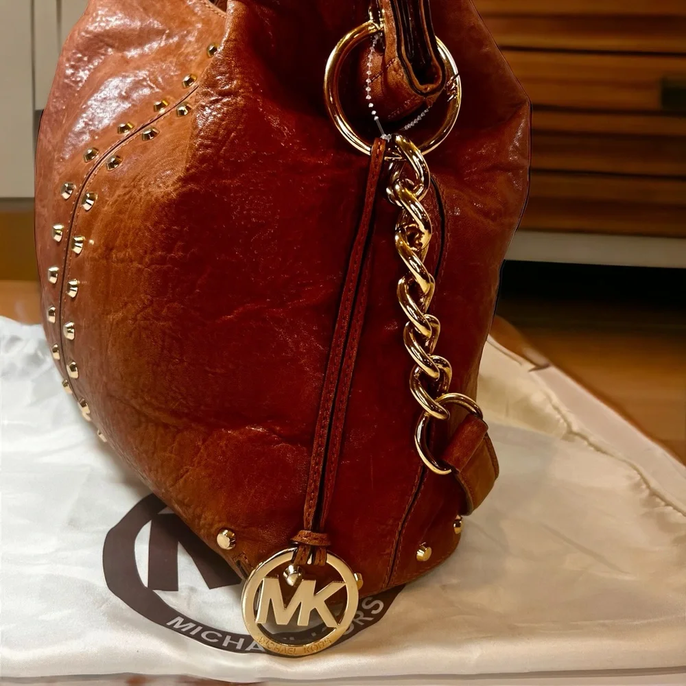 Vintage Michael Kors Vintage Cognac Brown Leather Gold Studs and Chain C… - Picture 3 of 12